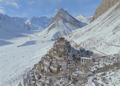 Aerial view of Key Monastery in Spiti Valley Himachal Pradesh India