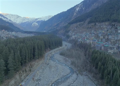 Aerial view of Manali valley with Beas River and snow mountains Himachal Pradesh India
