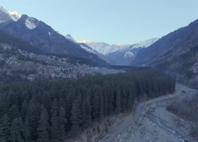 Aerial view of Manali valley with Beas River and snow mountains Himachal Pradesh India
