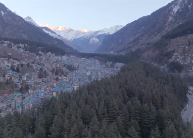 Aerial view of Manali valley with Beas River and snow mountains Himachal Pradesh India
