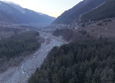 Aerial view of Manali valley with Beas River and snow mountains Himachal Pradesh India
