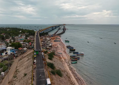 Aerial view of Pamban Bridge connecting Rameswaram Island in Tamil Nadu India