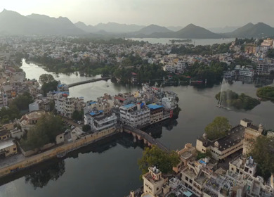 Aerial view of Udaipur city and Lake Pichola Rajasthan India