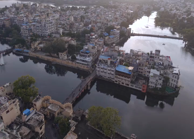 Aerial view of Udaipur city and Lake Pichola Rajasthan India
