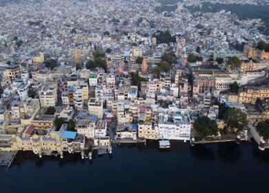 Aerial view of Udaipur city and Lake Pichola Rajasthan India