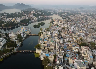 Aerial view of Udaipur city and Lake Pichola Rajasthan India