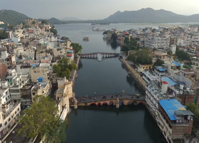 Aerial view of Udaipur city and Lake Pichola Rajasthan India