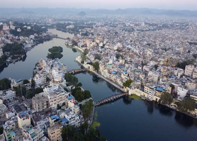 Aerial view of Udaipur city and Lake Pichola Rajasthan India