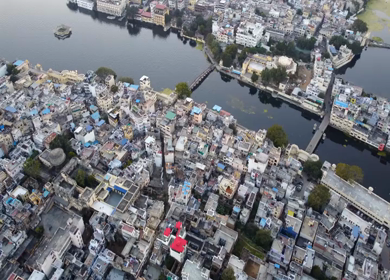 Aerial view of Udaipur city and Lake Pichola Rajasthan India