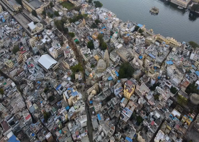 Aerial view of Udaipur city and Lake Pichola Rajasthan India