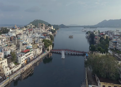 Aerial view of Udaipur city and Lake Pichola Rajasthan India
