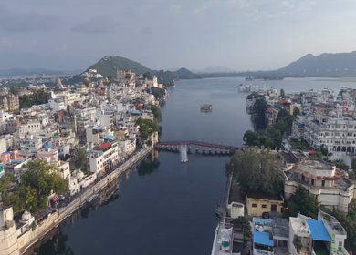 Aerial view of Udaipur city and Lake Pichola Rajasthan India