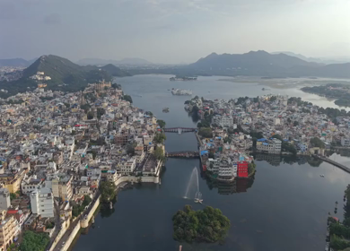 Aerial view of Udaipur city and Lake Pichola Rajasthan India