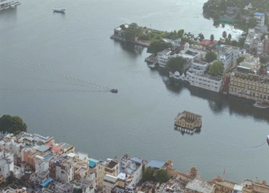 Aerial view of Udaipur city and Lake Pichola Rajasthan India