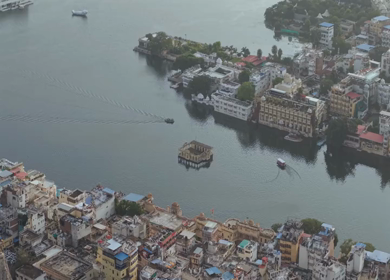 Aerial view of Udaipur city and Lake Pichola Rajasthan India