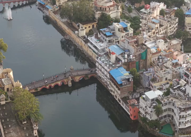 Aerial view of Udaipur city and Lake Pichola Rajasthan India