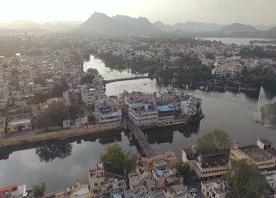 Aerial view of Udaipur city and Lake Pichola Rajasthan India
