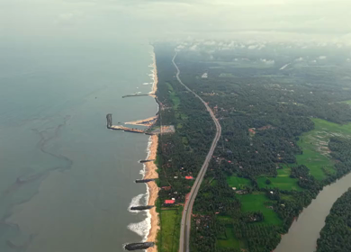 Aerial view of Udupi coastline and highway in Karnataka India