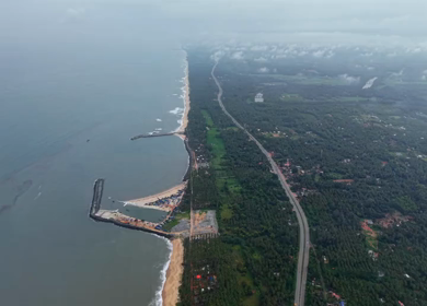 Aerial view of Udupi coastline and highway in Karnataka India