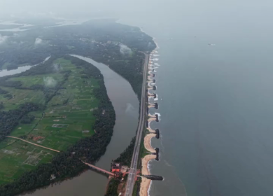 Aerial view of Udupi coastline and highway in Karnataka India