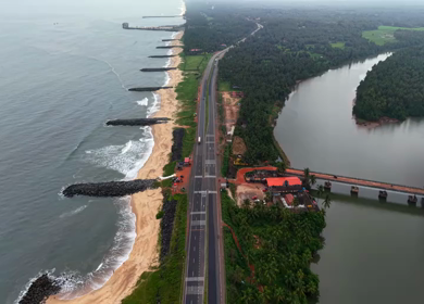Aerial view of Udupi coastline and highway in Karnataka India
