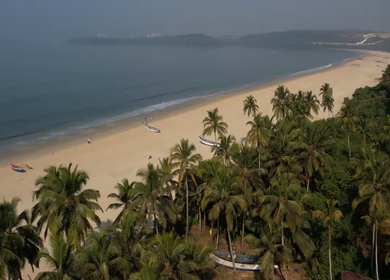 Aerial view of sandy beach with turquoise sea and palm trees in Phuket, Thailand