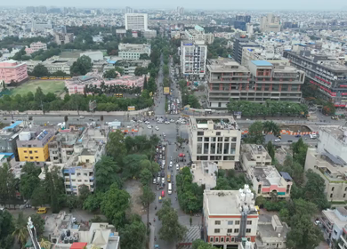 Aerial view of busy traffic intersection and cityscape in Indore Madhya Pradesh India