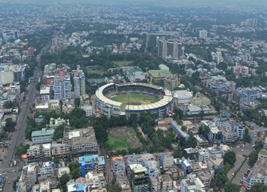 Aerial view of Holkar Cricket Stadium, Indore, Madhya Pradesh, India which is operated by Madhya Pradesh Cricket Association