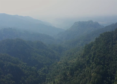 Aerial view of forest covered mountains under a blue sky with clouds in Uttarakhand, India
