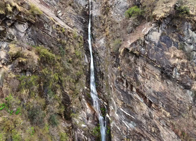 Aerial view of mountain waterfall in Kedarnath valley Uttarakhand