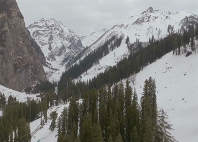 Aerial view of snow covered mountains and pine forest in Manali Himachal Pradesh India