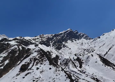 Aerial view of snow covered mountains in Kedarnath valley Uttarakhand