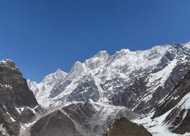 Aerial view of snow covered mountains in Kedarnath valley Uttarakhand
