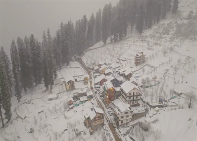 Aerial view of snow covered village in Manali Himachal Pradesh India