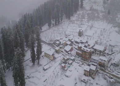 Aerial view of snow covered village in Manali Himachal Pradesh India