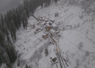 Aerial view of snow covered village in Manali Himachal Pradesh India