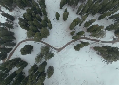 Aerial view of snowy mountain road in Manali Himachal Pradesh India
