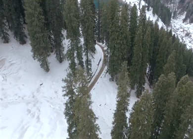 Aerial view of snowy mountain road in Manali Himachal Pradesh India