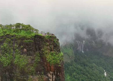 Aerial drone view of cliff viewpoint and waterfall in Maharashtra India