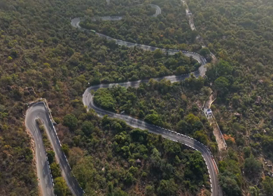 Aerial view of winding hill roads in Coimbatore Tamil Nadu