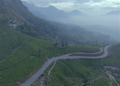 Aerial view of winding road through tea plantations in Munnar Kerala India