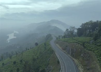 Aerial view of winding road through tea plantations in Munnar Kerala India
