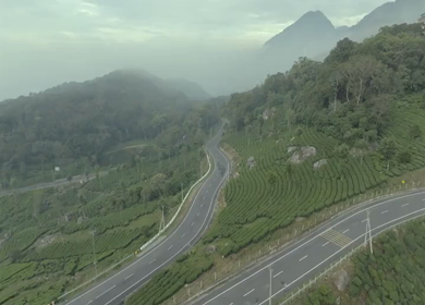 Aerial view of winding road through tea plantations in Munnar Kerala India