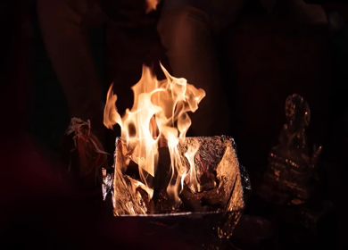 Slow Motion shot of Fire,Agni havan kund,Indian Havan Kund, rituals of hindus yagya at an Indian Wedding Function in New Delhi,India
