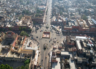 An Aerial Shot of Bapu Bazar and Hawa Mahal Road Crossing at Jaipur,Rajasthan,India