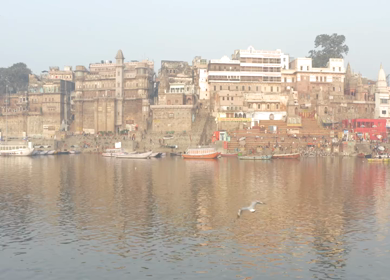 An Aerial shot of Ganga Ghat at Ganga River at Uttar Pradesh,India