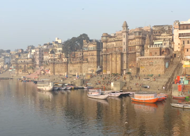 An Aerial shot of Ganga Ghat at Ganga River at Uttar Pradesh,India