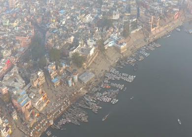 An Aerial shot of Ganga Ghat at Ganga River at Uttar Pradesh,India