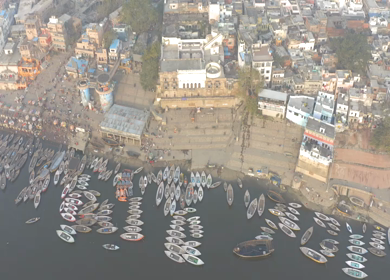 An Aerial shot of Ganga Ghat at Ganga River at Varansi,Banaras, Uttar Pradesh,India