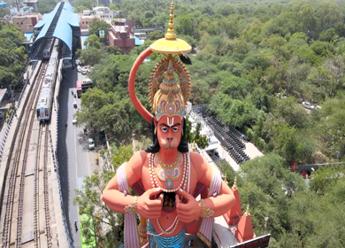 An Aerial Shot of Hanuman statue and Delhi Metro at Jhandewalah, New Delhi,India